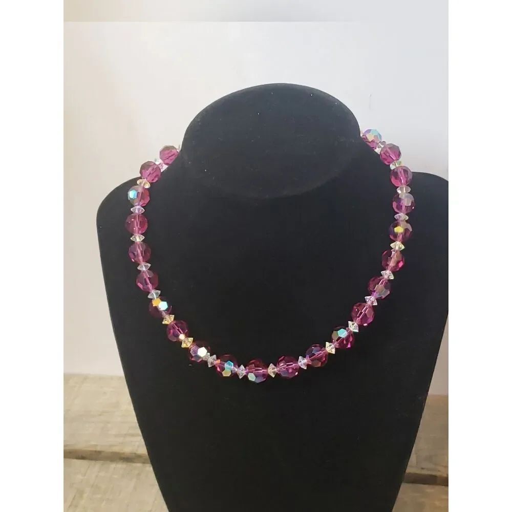 SWAROVSKI Raspberry Faceted Aurora Borealis Crystal Necklace Rare Find
